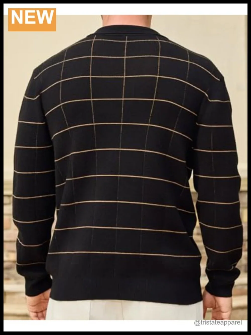 Long Sleeve Plaid Knit Polo Sweater with Button Closure